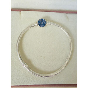 Pandora Sterling Snake Charm Bracelet with Blue Pave Sapphire Clasp 6.9 Inches